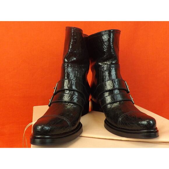 NEW MIU MIU PRADA BLACK CRACKED LEATHER MOTO BIKER 2X BELTED SHORT BOOTS 37 $895 - Picture 10 of 12